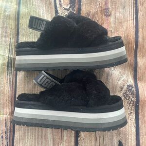 UGG Women's Disco Knot Slide Sandals Black Sheepskin Platform High Heel